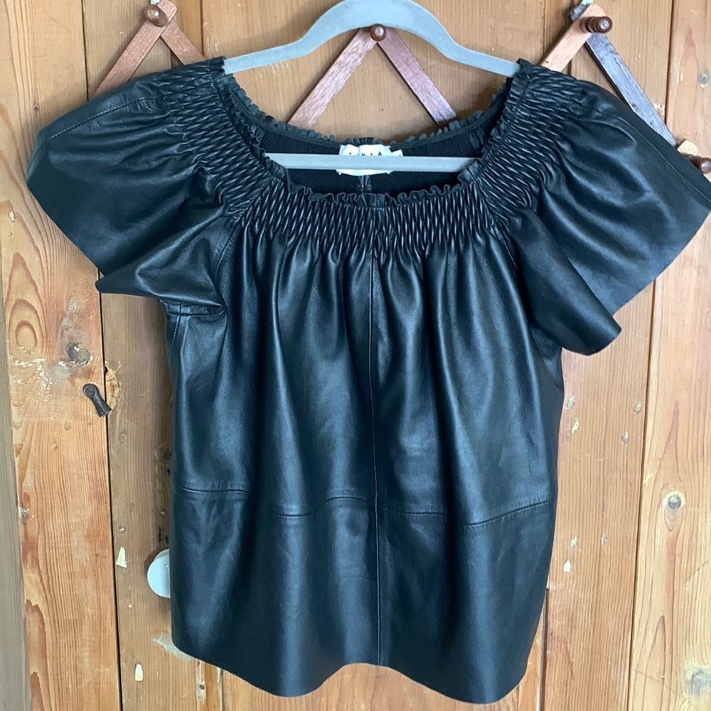 Tanya Taylor black elastic smocked leather top